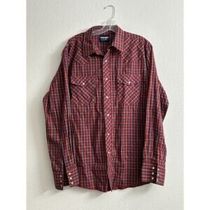 Wrangler Rancher Pearl Snap Shirt Long Sleeve Men Large Red Plaid Vintage